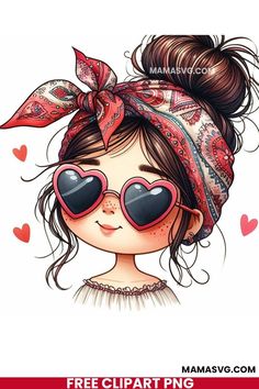 a girl with heart shaped sunglasses and a bandana on her head is looking at the camera