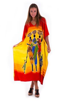 Enjoy your style even more. This long kaftan dress is great to wear out and make a statement of your own style. Comfortable and lightweight, this tribal dress is perfect for lunch dates, beach vacations, and parties. Feel comfortable and fashionable. length 49.5” width is 41” Hand-painted Tribal Design Made from 100% soft rayon Hand wash in cold water, hang to dry Long Tunic For Beach Season, Summer V-neck Tunic With Vibrant Print, Oversized Short Sleeve Kaftan For Summer, V-neck Batik Print Beach Dress, Bohemian Printed Kaftan For Resort, Long Kaftan With Vibrant Print For Vacation, Free Size Vibrant Print Kaftan For Vacation, Summer V-neck Maxi Dress With Batik Print, Yellow Kaftan For Beach Season