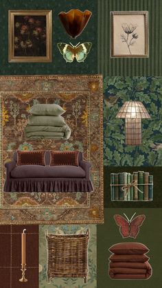 a collage of pictures with different items in them including a couch, lamp and wall hangings