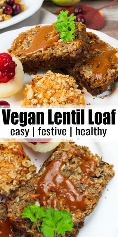 vegan lentil loaf on a plate with fruit and vegetables