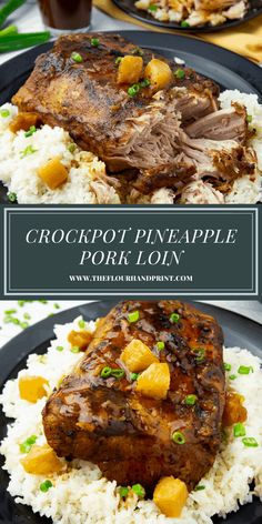 crockpot pineapple pork loin on top of white rice and garnished with green onions