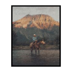 a painting of a man riding a horse in front of a mountain with a lake below