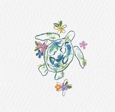 a drawing of a turtle with flowers on its back