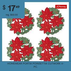 four red poinsettia cutwork pieces with green leaves and flowers on them