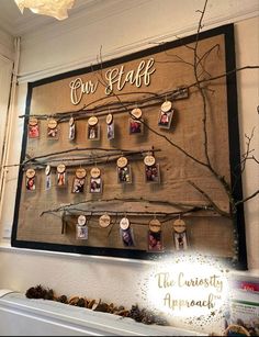 the family tree is hanging on the wall in front of the fire place with pictures pinned to it