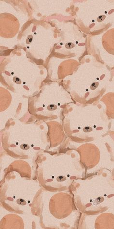 a large group of teddy bears sitting next to each other on a pink background with black dots