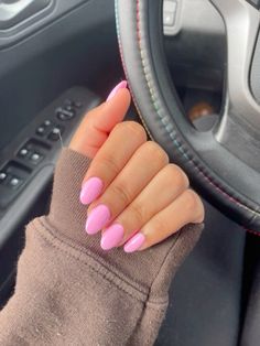 Almond Nails Solid Color With Design, Diffent Colour Nails, Pastel Nails One Color, Pink Almond Shaped Nails Short, Solid Pink Nails Almond, None Acrylic Nail Ideas Short, Plain Pink Nails Short, Plain Colored Almond Nails, Solid Color Pink Nails