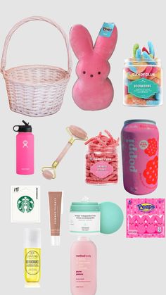 the contents of a pink bunny bag are arranged in a gridlock pattern, including soaps, toothpaste, and other items