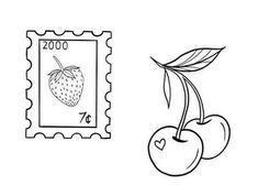 a stamp with an apple and a cherry on it, next to a postage stamp