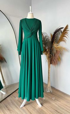 Elegant Green Gown With Ruched Bodice, Pre-draped Long Sleeve Wedding Gown, Green Wedding Dress With Pleated Bodice, Green Gala Gown With Pleated Bodice, Green Gown With Ruched Bodice For Formal Occasions, Green Pre-draped Dress With Pleated Bodice, Long Sleeve Gown With Pleated Bodice For Gala, Green Fitted Gown With Pleated Bodice, Fitted Green Gown With Pleated Bodice