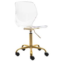 a clear office chair with wheels and casteors on an isolated white background, viewed from the front