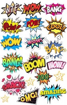 various comic speech bubbles with the word wow on them