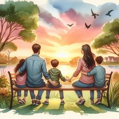 a family sitting on a bench looking at the sunset