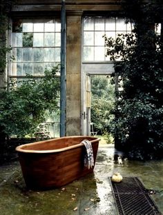 an old bathtub in the middle of a room with large windows and ivy growing around it