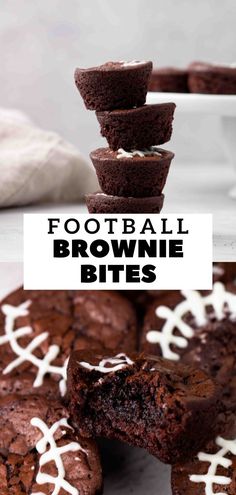 chocolate football brownie bites are stacked on top of each other with white frosting