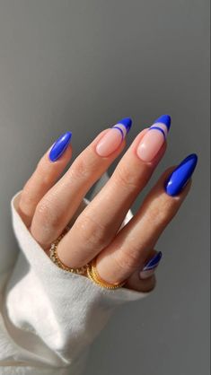 Blue Nails Almond Art Designs, Nails For A Trip To Europe, Acrylic Nails Designs Oval, May Almond Nails, March Nails Spring Almond, Gel X Nail Designs Blue, Blue Style Nails, Cool Nail Designs Almond Shape, Cute Acrylic Nail Designs For Summer