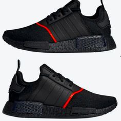 New Adidas Nmd_r1 Modern Black Custom Sneakers With Branded Insole, Modern Black Custom Sneakers With Laces, Black Custom Sneakers For Streetwear With Cushioned Footbed, Black Custom Sneakers With Cushioned Footbed For Streetwear, Sporty Black Custom Sneakers With Cushioned Footbed, Black Leather Custom Sneakers With Boost Midsole, Modern Black Sneakers With Red Sole, Adidas Black Sneakers With Red Sole, Urban Black Sneakers With Cushioned Footbed