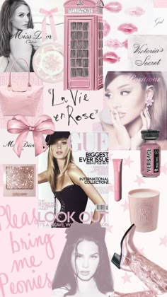 the collage has many different items on it, including lipstick and perfumes in pink