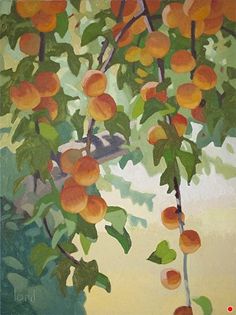 an oil painting of oranges hanging from a tree