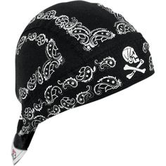 a skull and crossbones pattern on a black beanie hat with white trim