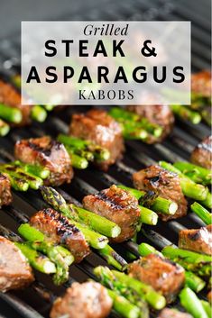 grilled steak and asparagus kabobs on the grill with text overlay