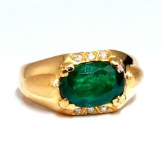 Mens Natural Emerald Ring. 2.80ct. Natural Oval Cut, Emerald Ring Emerald: 10 X 7mm Transparent & Vivid Green .12ct. Diamonds. Round & Full Cuts G-Color Vs-2 Clarity. 16kt. Yellow Gold 6.4 Grams Ring Current Size: 8 Depth Of Ring: 5.3mm Diameter Deck Of Ring: 10mm (Free Resize Service, Please Inquire) $8,000 Appraisal Certificate To Accompany Mens Emerald Rings, Natural Emerald Rings, Diamond Cluster Earrings, Fancy Yellow Diamond, Ruby Diamond Rings, Ring Emerald, Citrine Ring, Mens Accessories Jewelry, Mens Ring