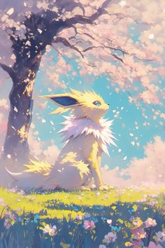 a painting of a pikachu sitting in front of a tree with pink flowers