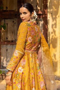 Mustard raw silk padded anarkali with floral and chintz print, including kasab, cutdana and embroidery. Comes with a pant and a shaded dupatta. - Aza Fashions Art Silk Anarkali Set With Floral Embroidery, Fitted Raw Silk Anarkali Set With Floral Embroidery, Anarkali Choli With Floral Embroidery, Floor-length Raw Silk Anarkali Set With Floral Embroidery, Unstitched Silk Anarkali Choli, Silk Anarkali Set With Floral Embroidery In Yellow, Fitted Silk Anarkali Set With Cutdana, Shaded Dupatta, Chintz Print