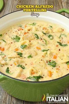 chicken alfredo tortellini soup in a green pot