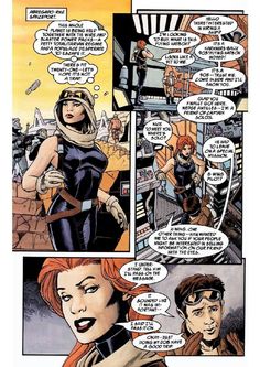 a comic page with an image of a woman in black and red hair, talking to another