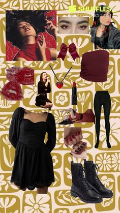 a collage of different items including shoes, clothing and accessories on a yellow background