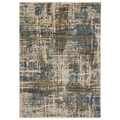 an abstract rug with blue, green and beige colors