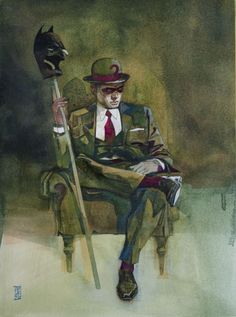 a painting of a man sitting in a chair with a hat on his head and holding a cane