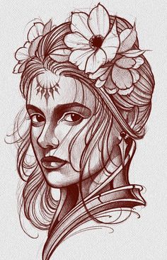 a drawing of a woman with flowers in her hair