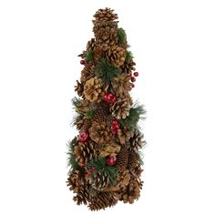 a tall christmas tree with pine cones and berries