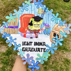 someone holding up a sign that says light imma graduate in front of an image of spongebob