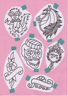 four stickers on a pink background with different types of tattoos and other things in them