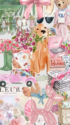 a collage of pink and white pictures with teddy bears, flowers, hats, and other items