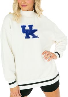 Make your way to the big game in this Kentucky WildcatsWomens White This Is It Mock Neck Crew Sweatshirt! This Wildcats Long Sleeve Sweatshirt features a chenille patch on center chest. Stay warm and comfortable with this Womens Kentucky Wildcats Crew Sweatshirt. Mock neck, Ribbed neckline, Colorblocking on cuffs and hemline, Oversized, 60% Cotton - 40% Polyester, 4 White Sweatshirt With Ribbed Collar, White Striped Cuffs Top For Fall, White Tops With Striped Cuffs For Fall, Winter Varsity Top With Ribbed Collar, Crew Neck Top With Striped Cuffs For Winter, Chenille Patch, Gameday Couture, Mock Neck Long Sleeve, Sweatshirt White