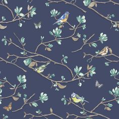 a blue wallpaper with birds and leaves on the branches, in front of a dark background