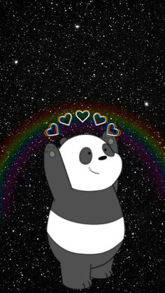 a panda bear with hearts on its head and rainbows in the sky above it