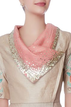 A coral pink and beige ombre shaded angrakha kurta features a wrap style with organza panels at the hemline and shiny gold sequin accents, enhanced with kacha resham thread embroidery. It is teamed up with modal satin dhoti pants for a quirky ethnic look. - Aza Fashions Dhoti Pants Women, Beige Suit, Designer Kurti Patterns, Gaun Fashion, Neck Designs For Suits, Dhoti Pants, Kurta Neck Design, Dress Design Patterns, Kurta Designs Women