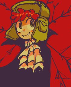 a drawing of a girl in a hat and dress with leaves around her neck, on a red background