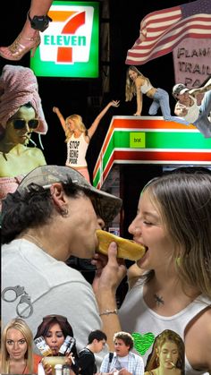 a man and woman eating hotdogs in front of an american flag with people watching