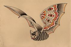 a drawing of a bat flying through the air with its wings spread out and eyes open