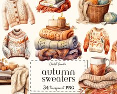 watercolor autumn sweaters clipart set with coffee mug, books and other items