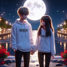 two people standing next to each other in front of a full moon with the words minder on their hoodies