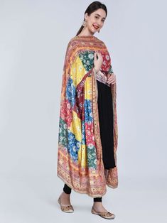 Pakistani Heavy Silk Dupatta with Mirror Work with Colourful block print Bohemian Traditional Wear With Floral Print, Traditional Multicolor Floral Print Kurta, Bohemian Floral Print Traditional Wear For Navratri, Multicolor Silk Set For Festival, Multicolor Silk Festival Sets, Eid Multicolor Silk Kurta, Festive Multicolor Floral Print Kurta, Multicolor Printed Kurta For Eid, Multicolor Silk Kurta For Navratri