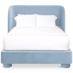 a blue bed with white pillows and sheets on it's headboard, in front of a white background