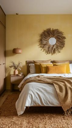 a bedroom with yellow walls and white bedding, brown rugs on the floor